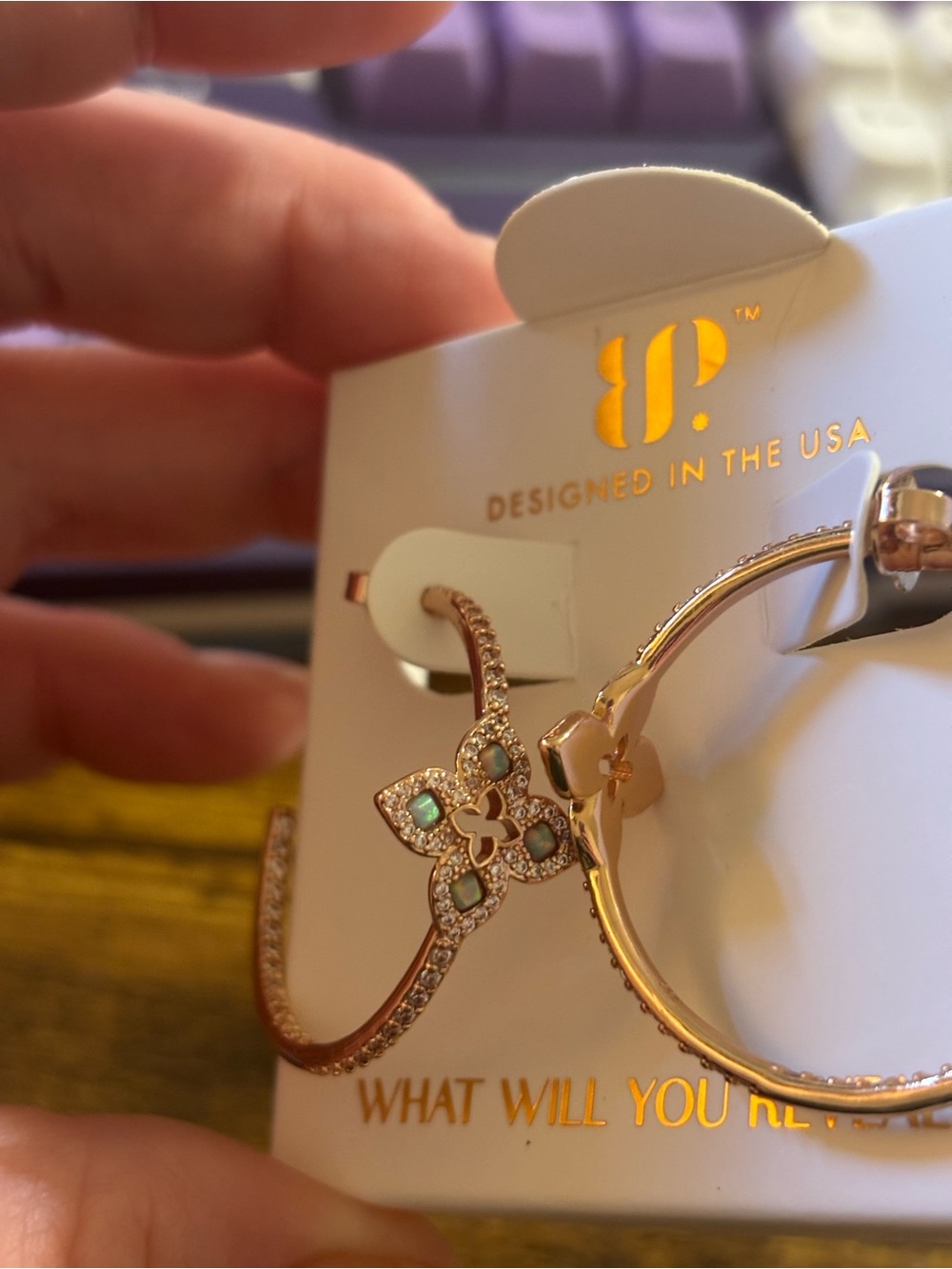 Rose Gold-Tone Floral Hoop Earrings with Opal Accent - Designed in the USA